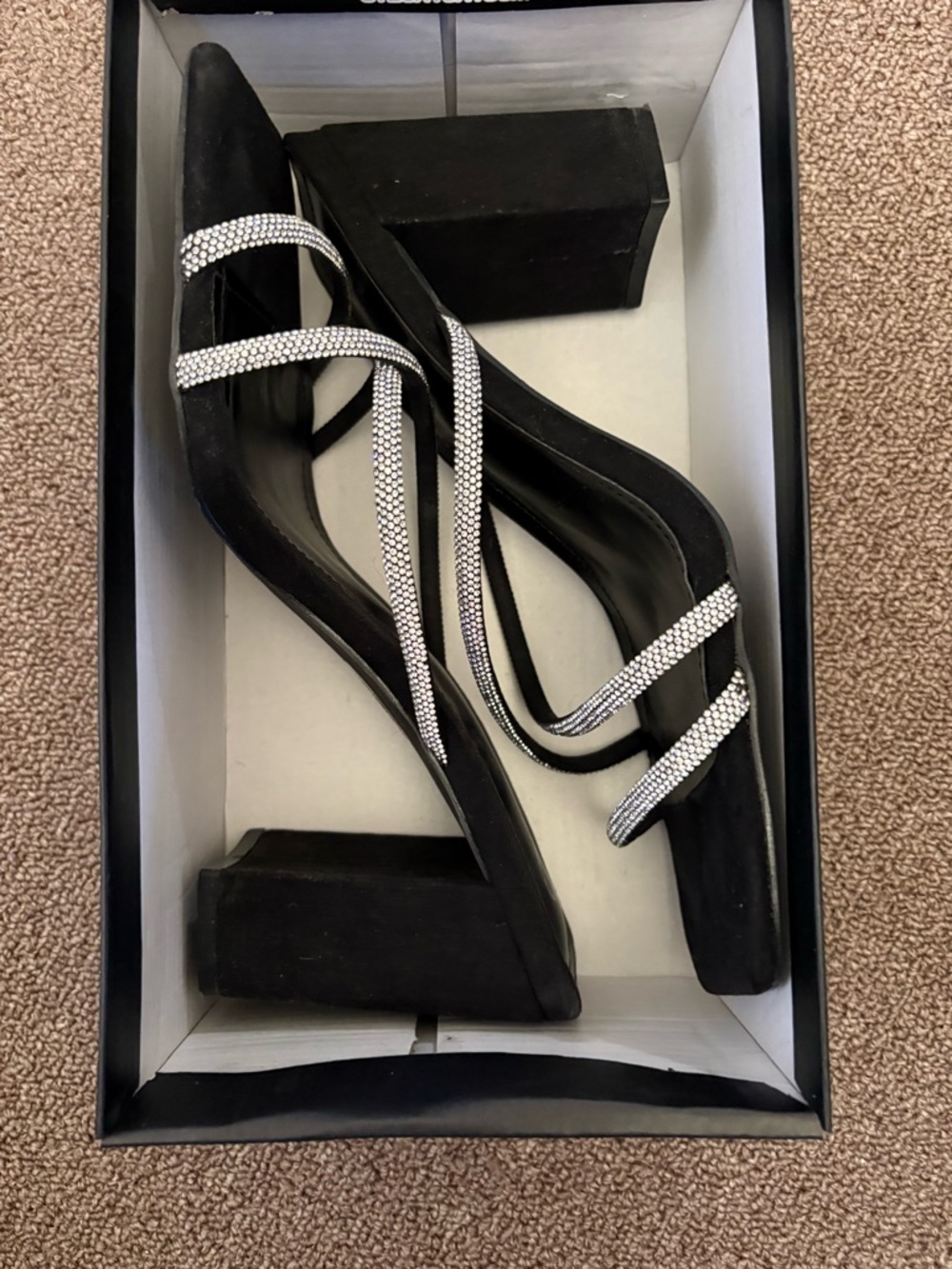 Connie Black Block Heel Sandals with Rhinestone straps